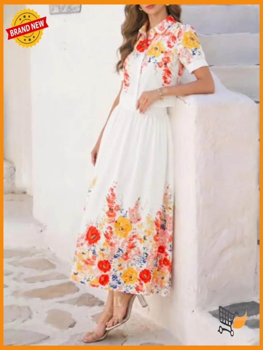 2 Piece Floral Skirt Set Puff Sleeve Blouse Elastic Waist Matching Vacation